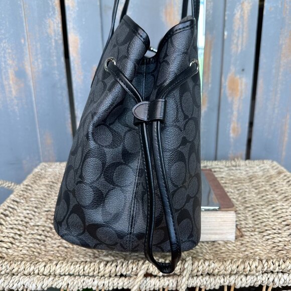 Coach Signature Drawstring Carryall Shoulder Tote Black Smoke/Black NWOT - Picture 5 of 16